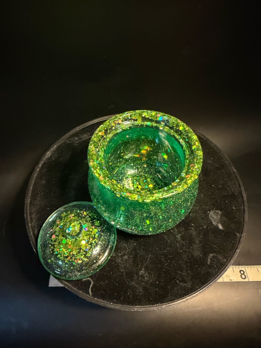 Green Glitter Trinket Jar with Lid - Home Art made from resin